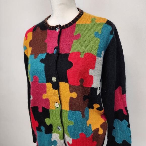Vintage Susan Bristol Puzzle Knit Cardigan Size M Embroidery Silk Angora Autism - Picture 5 of 15
